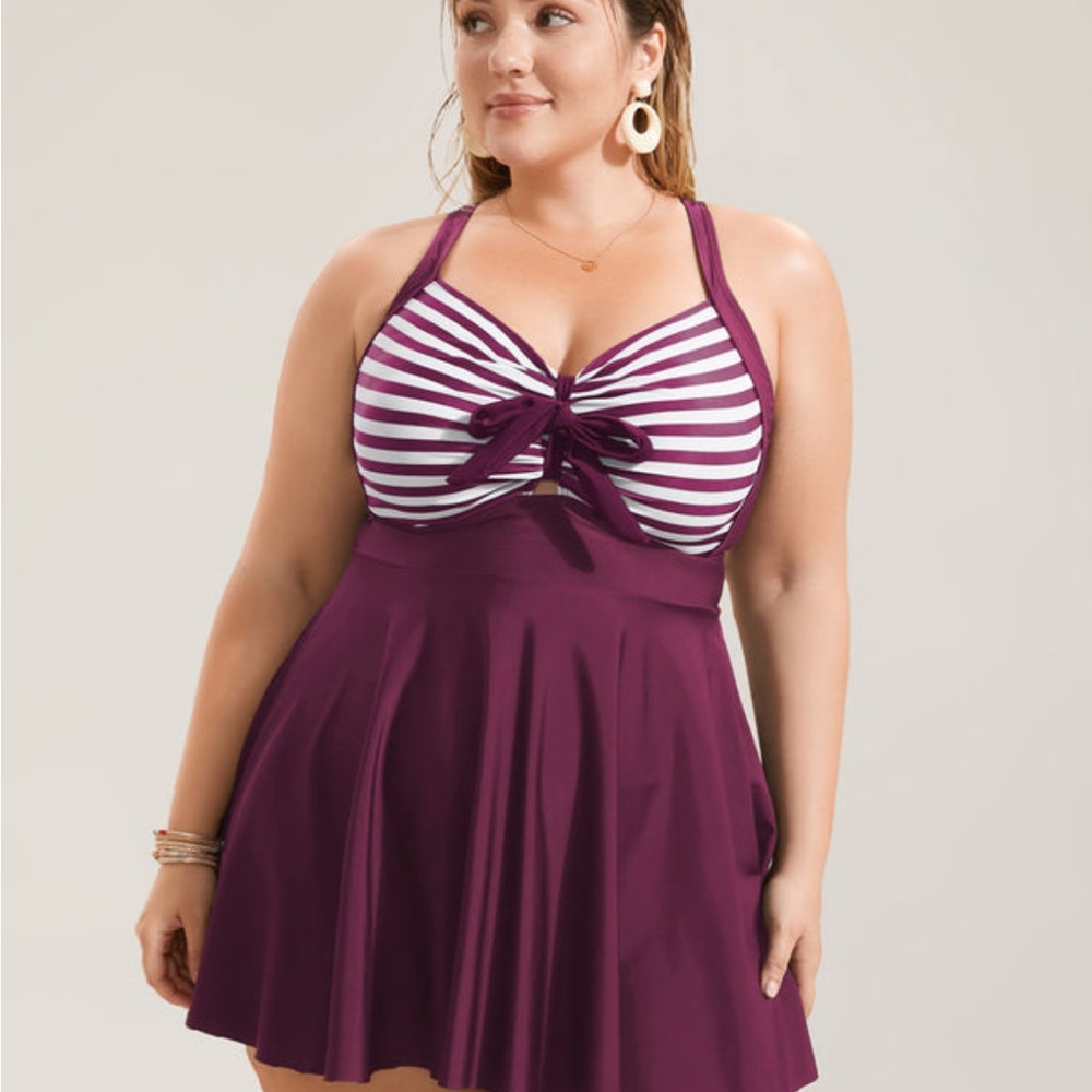 BloomChic Burgundy and White Striped Swim Dress - Picture 1 of 9